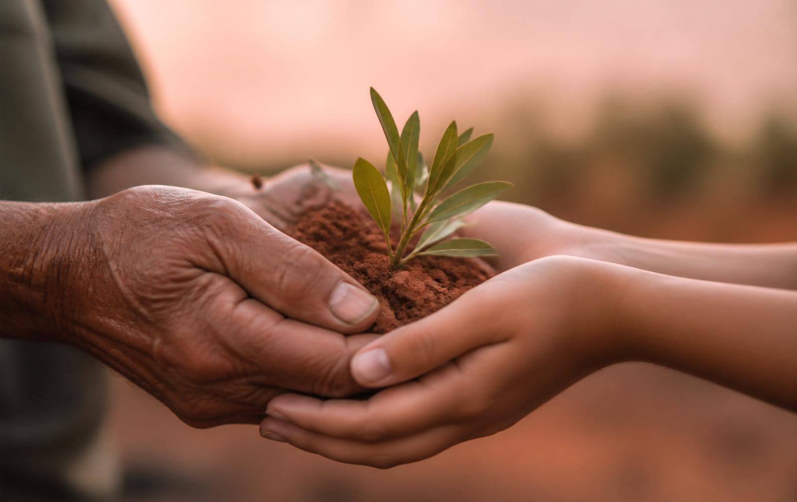 Older and younger hands cupping soil with a native seedling, symbolising ancestry and future growth